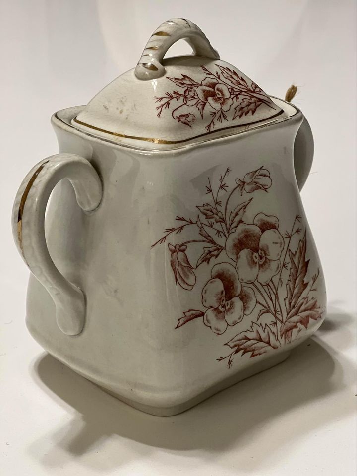 1800’s Transferware Ironstone Sugar Bowl with Lid “Spring Pansies”