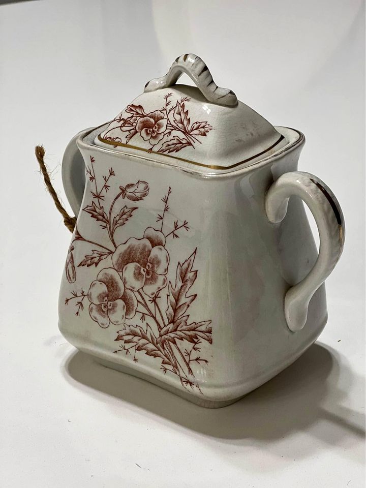 1800’s Transferware Ironstone Sugar Bowl with Lid “Spring Pansies”