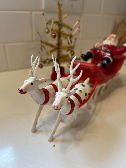 Vintage Plastic Santa Sleigh & 2 Reindeer Made in Hong Kong