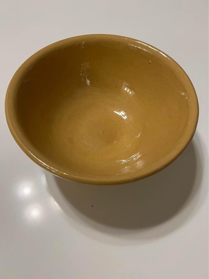 Antique Primitive Yellow Ware Bowl with 4 White Stripes