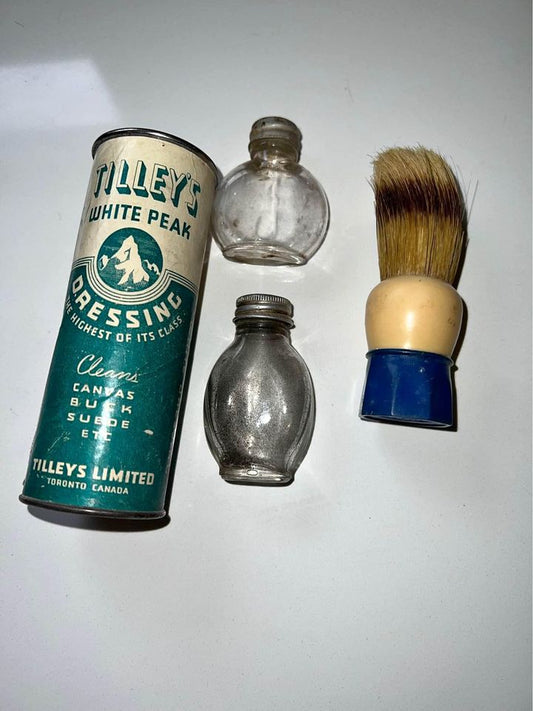 Vintage Pair of Tiny Glass Bottles, Shaving Brush & Tilley’s White Dressing for canvas Shoes