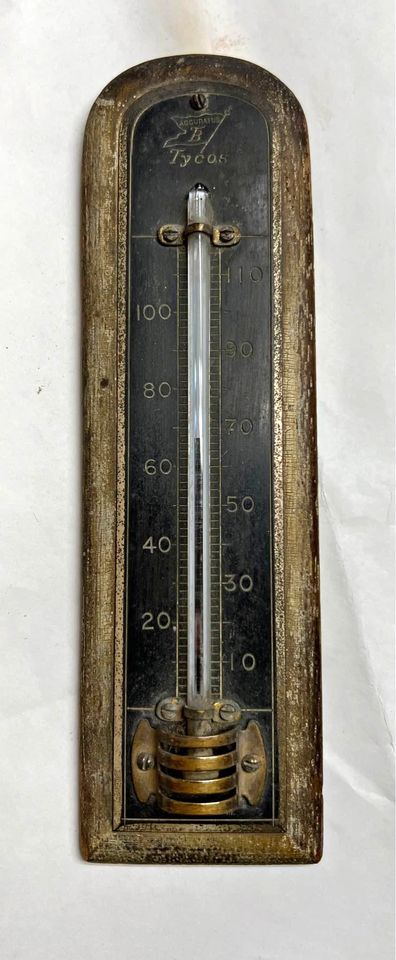 Antique Wood Thermometer with Copper Guard