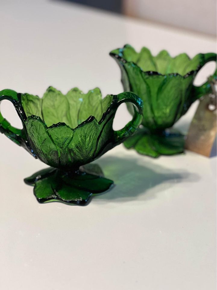 Federal Green Glass Cabbage Cream & Sugar Set