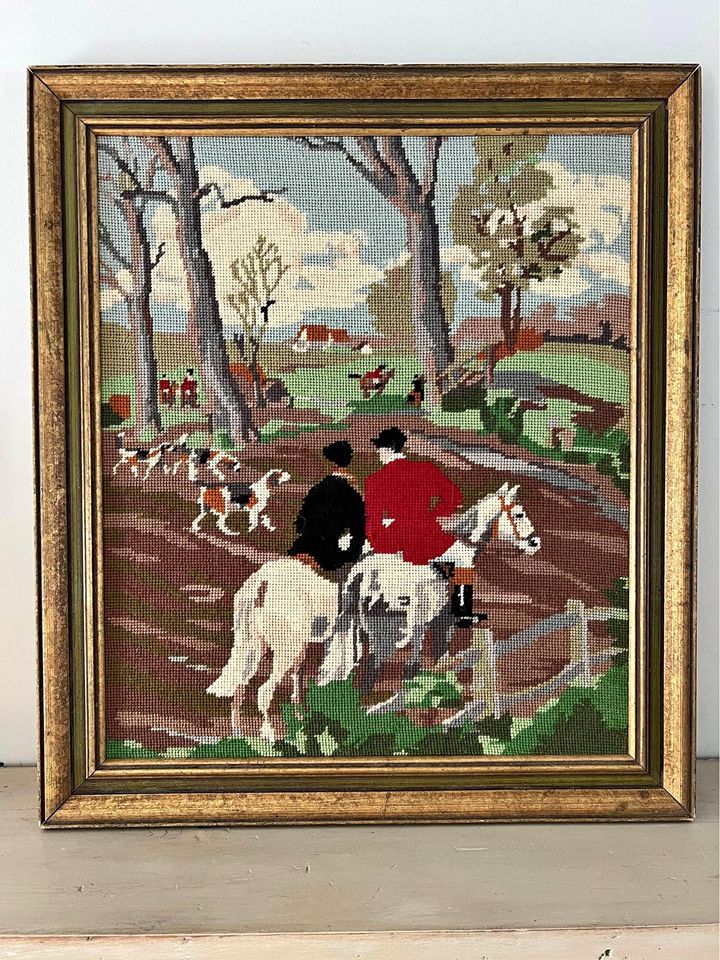 Vintage Handmade Needlepoint Framed “The Hunt”