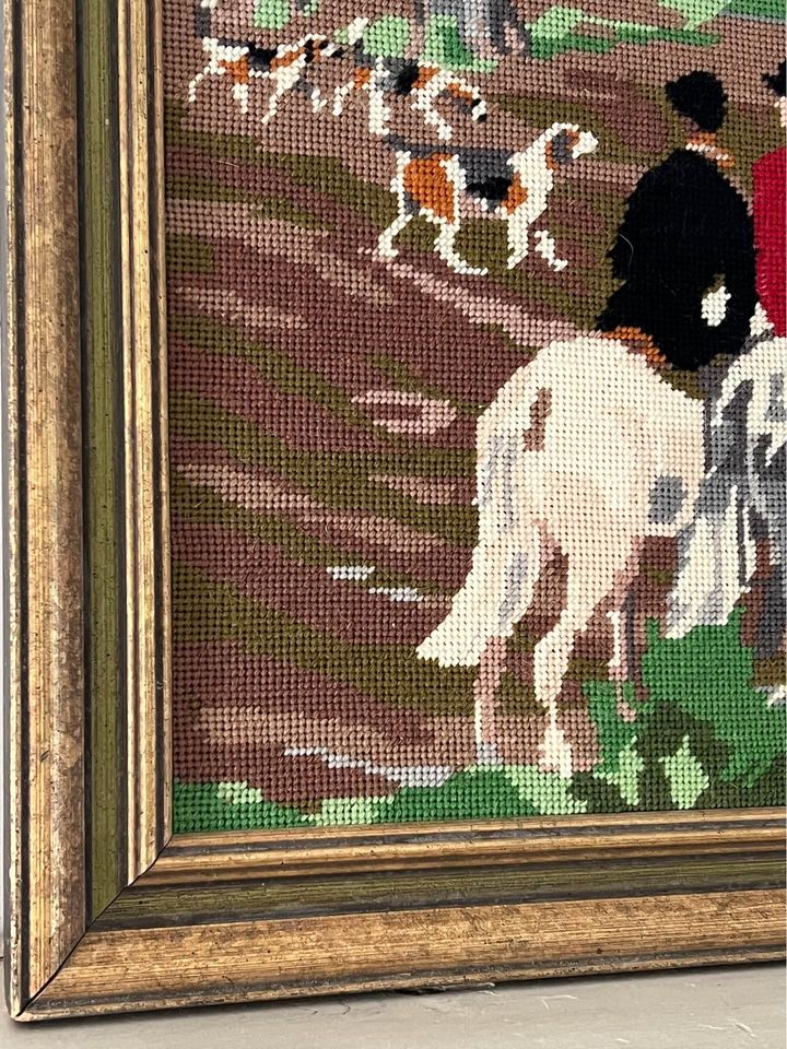 Vintage Handmade Needlepoint Framed “The Hunt”