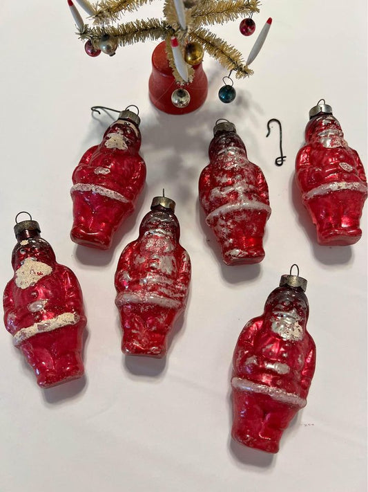 Antique Vintage Set of 6 Hand painted Glass Santa Ornaments