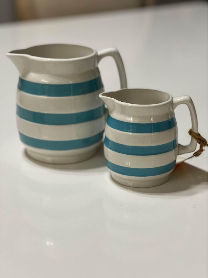 Vintage Irish Carrigaline Turquoise Striped Milk Jug & Creamer