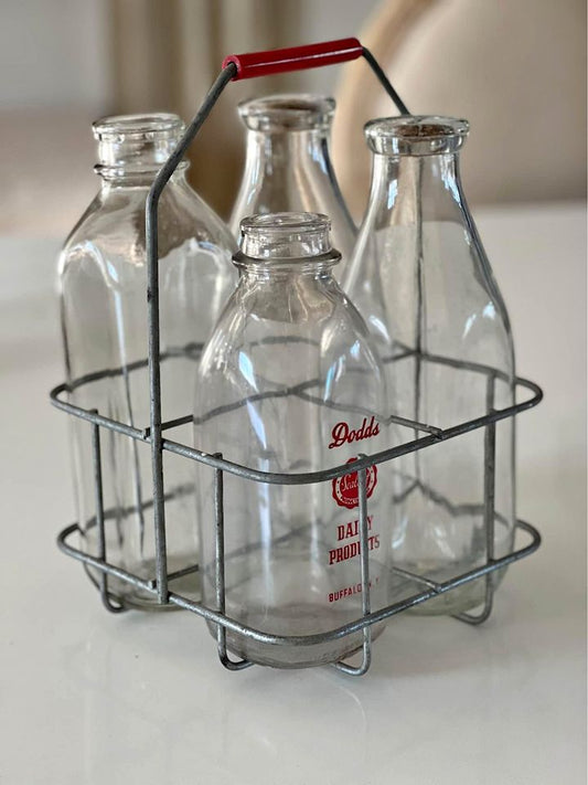 Vintage Wire Milk Crate Carrier with 4 Glass Milk Bottles