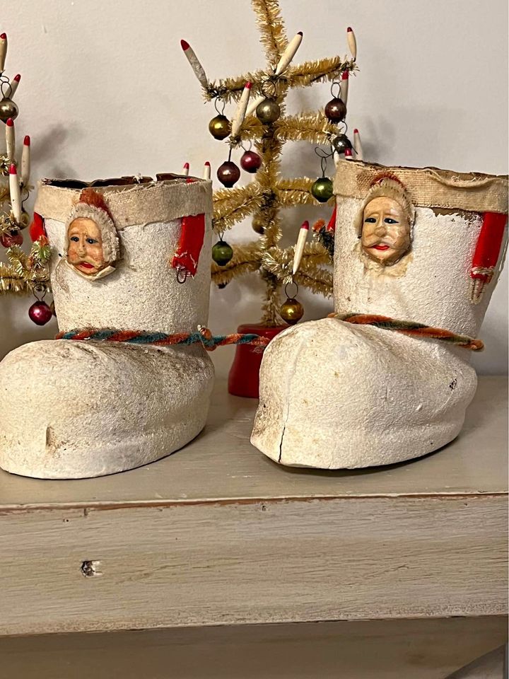 PAIR of rare Antique 1940’s Paper Mache Santa Boots