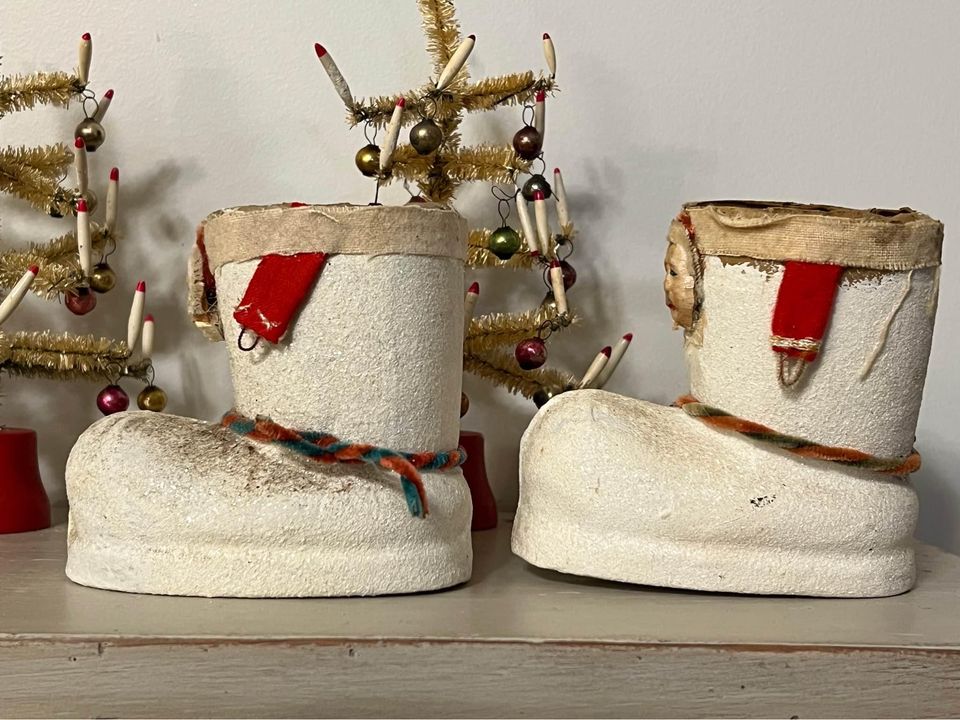 PAIR of rare Antique 1940’s Paper Mache Santa Boots