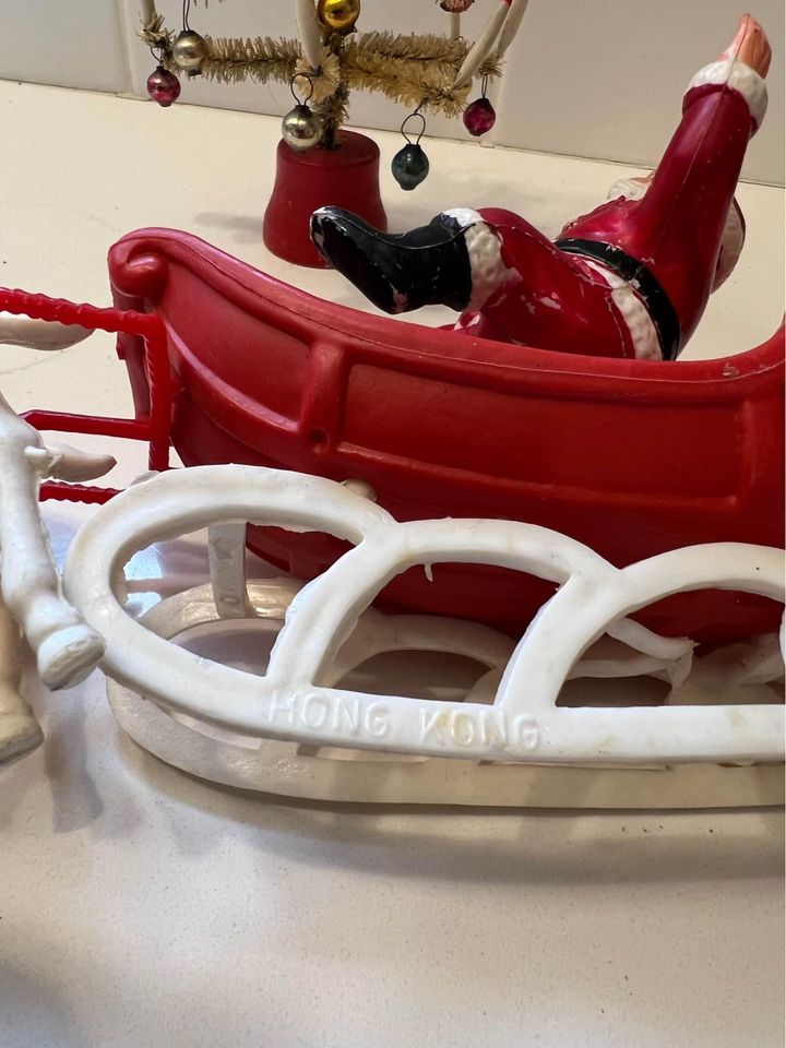 Vintage Plastic Santa Sleigh & 2 Reindeer Made in Hong Kong