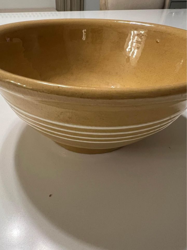 Antique Primitive Yellow Ware Bowl with 4 White Stripes