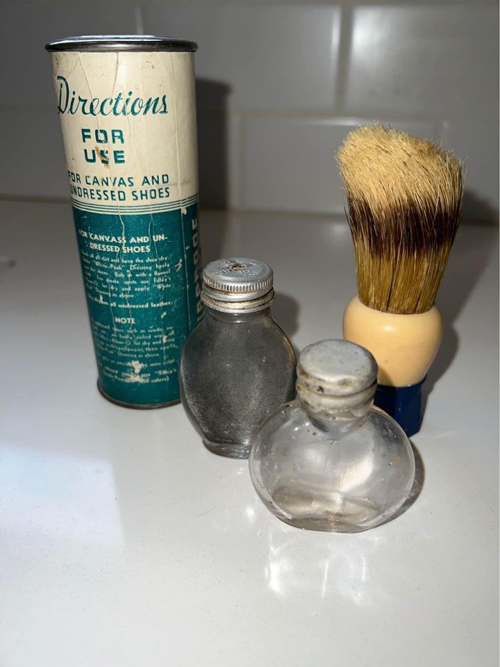 Vintage Pair of Tiny Glass Bottles, Shaving Brush & Tilley’s White Dressing for canvas Shoes