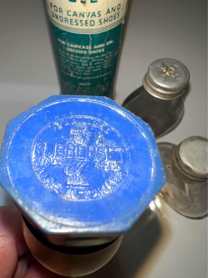 Vintage Pair of Tiny Glass Bottles, Shaving Brush & Tilley’s White Dressing for canvas Shoes