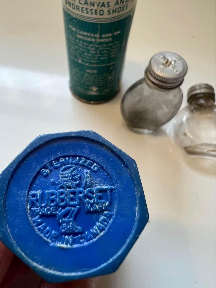 Vintage Pair of Tiny Glass Bottles, Shaving Brush & Tilley’s White Dressing for canvas Shoes