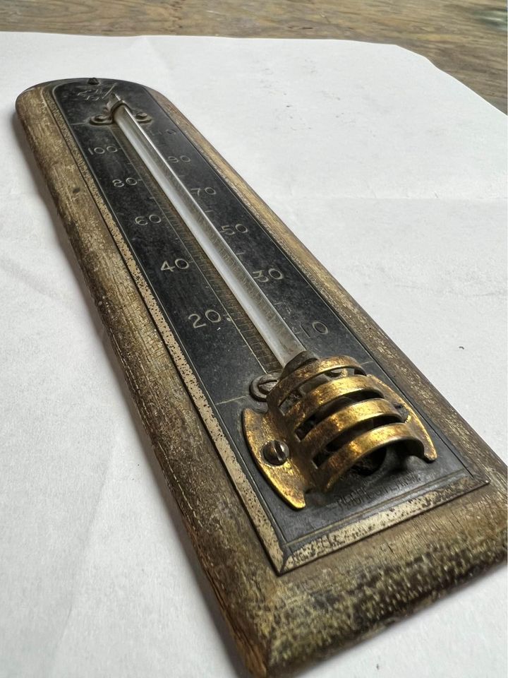 Antique Wood Thermometer with Copper Guard