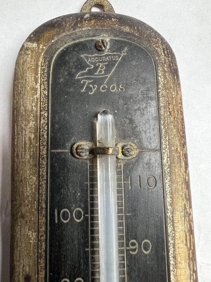 Antique Wood Thermometer with Copper Guard